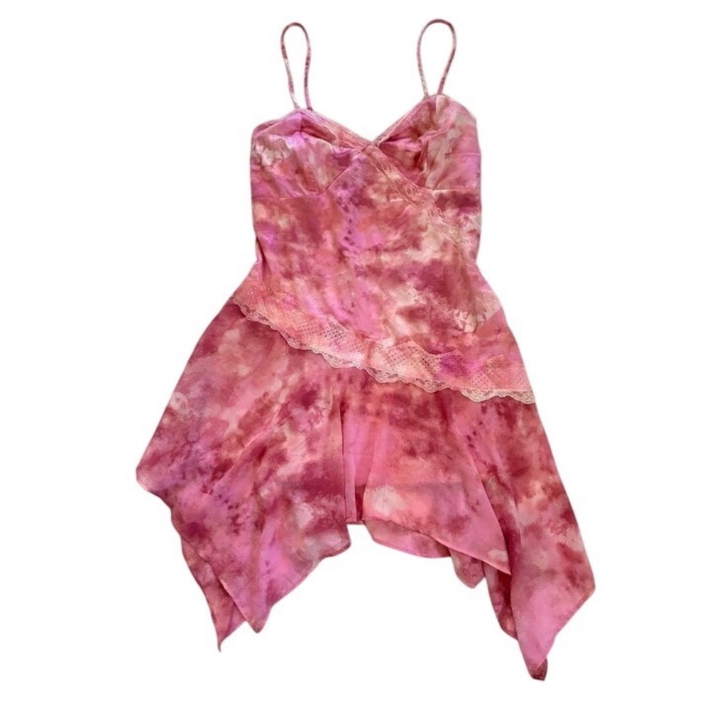 Wild Fable Pink Tie Dye Lace Trim Fairycore Babydoll Handkerchief Hem Dress M